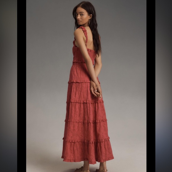 Anthropologie Women’s Squareneck Sleeveless Tiered Ruffle Dress. Pink small - Picture 4 of 8